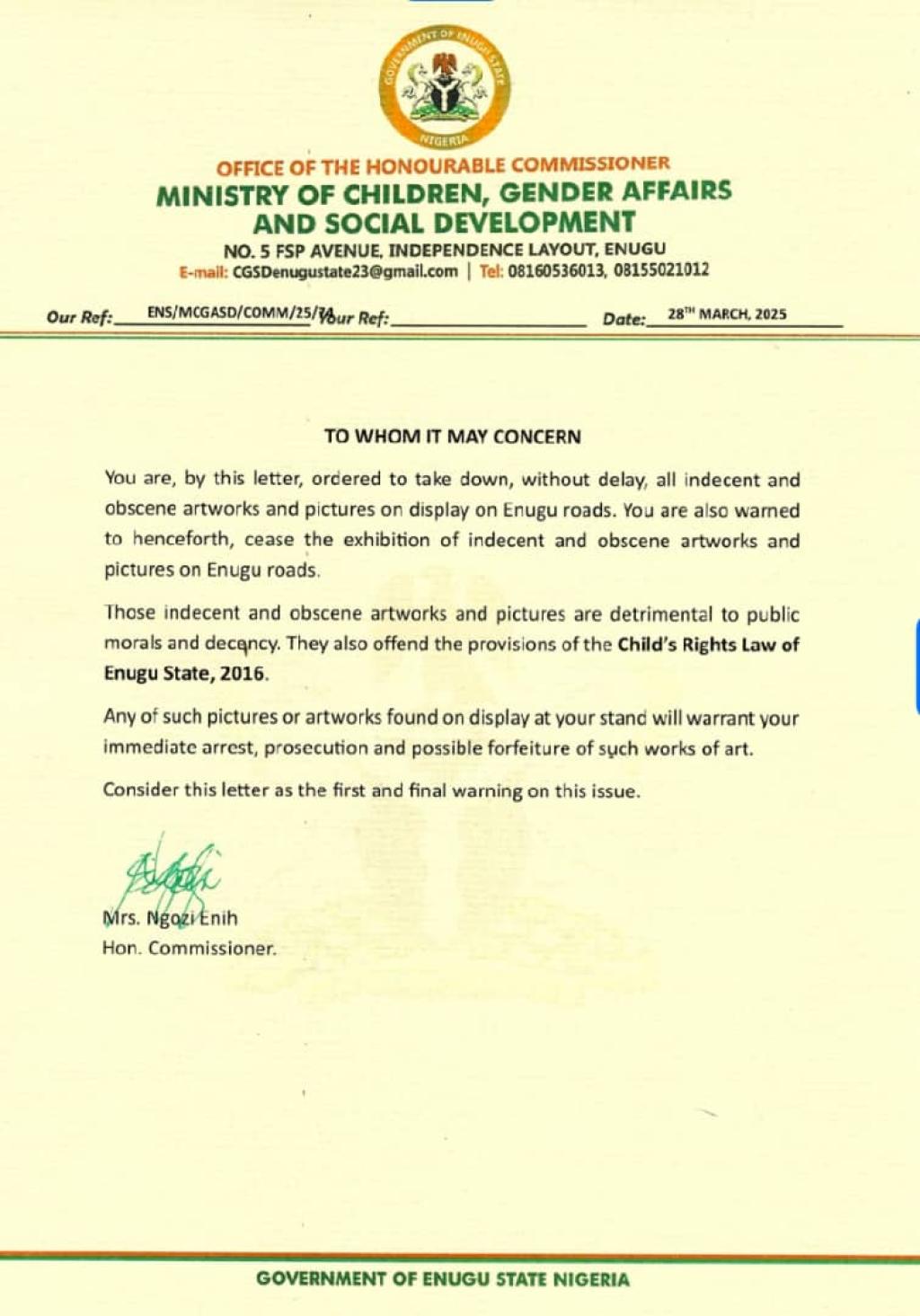 Breaking... Enugu State Govt Orders Immediate Take-down of all Offensive Artworks Along Enugu Roads